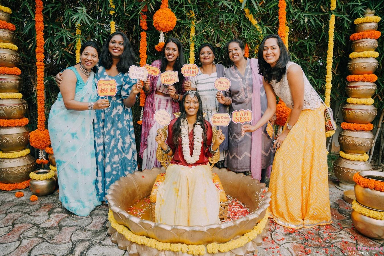 Mahendi and haldi Pose with Bridesmaid | Bride photos poses, Haldi  photography ideas, Wedding captions for instagram