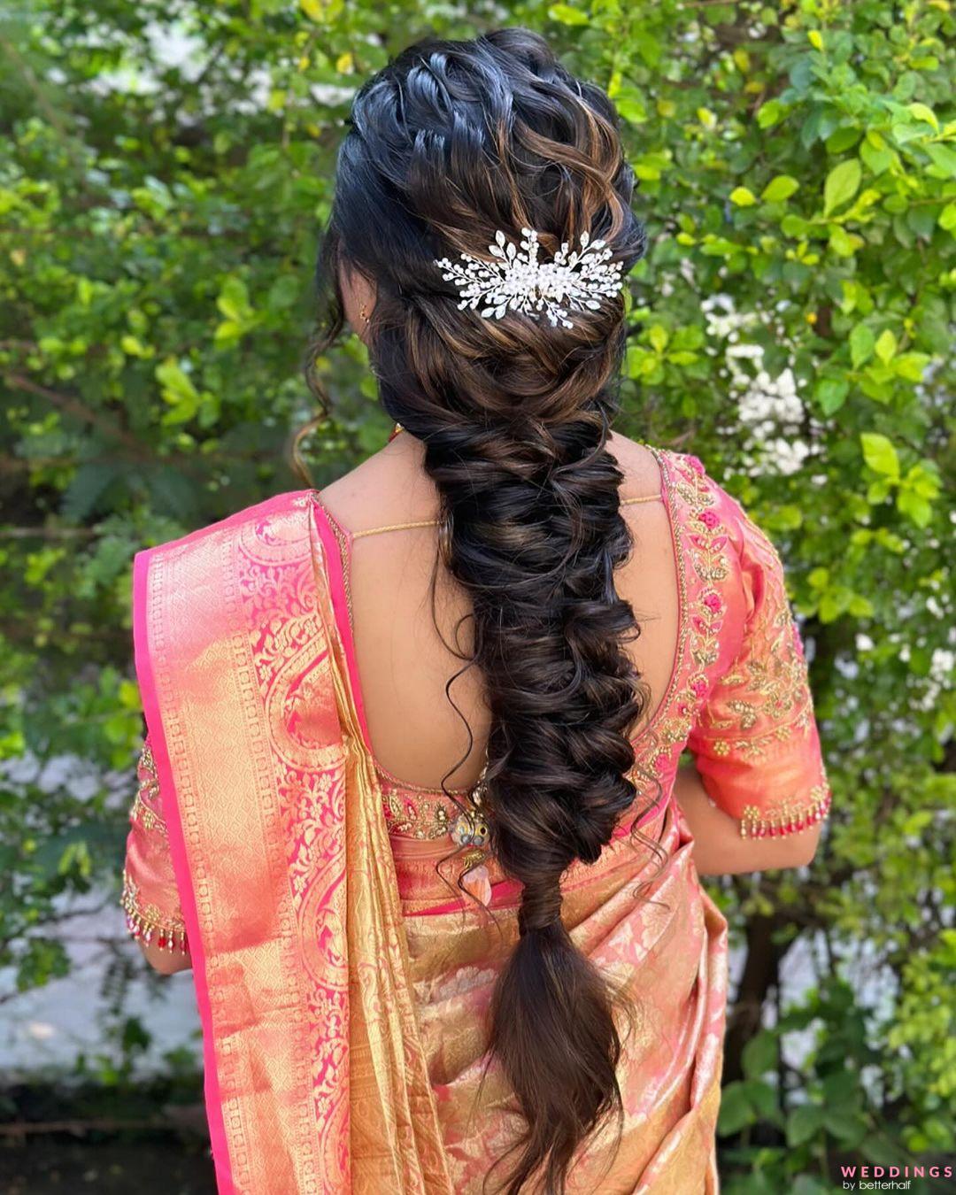 Pin by Pooja on hairstyles Ideas | Hair style on saree, Engagement  hairstyles, Long hair wedding styles