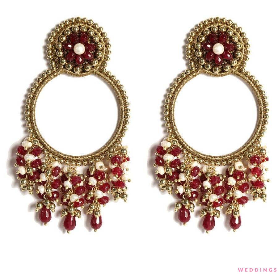 Maroon Crystal Gold Look Hoops – Sanvi Jewels