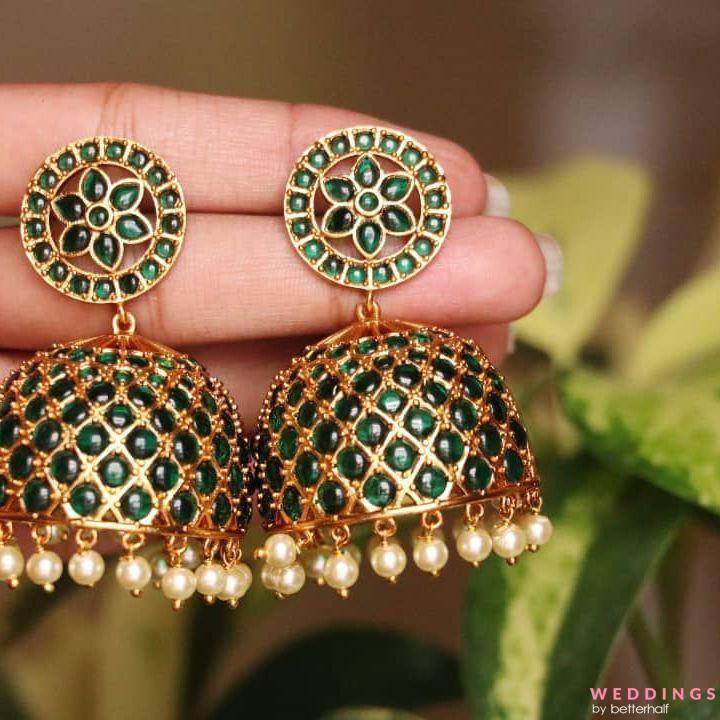 Green Kundan Jhumka for Saree and Lehenga - Beatnik