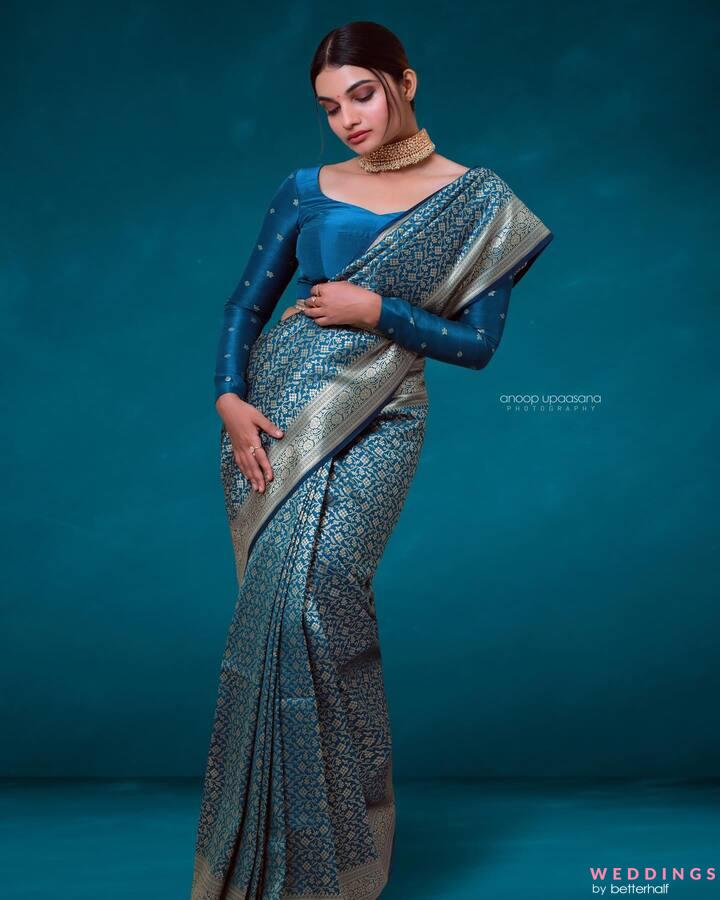 Looking for Latest Stone Work Plain Silk Sea Blue Saree|SARV121959