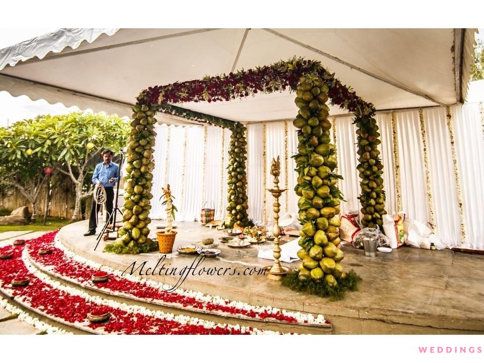 Traditional Outdoor Mandap Decor Ideas with Greenery Flowers & Coconut  Decoration