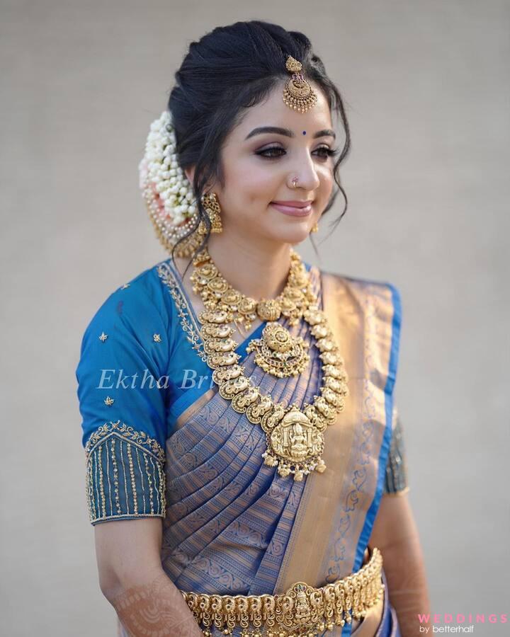 full makeup with indian blue saree